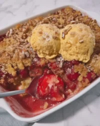Slice of 3 ingredient dump cake with cherry filling and golden butter crust