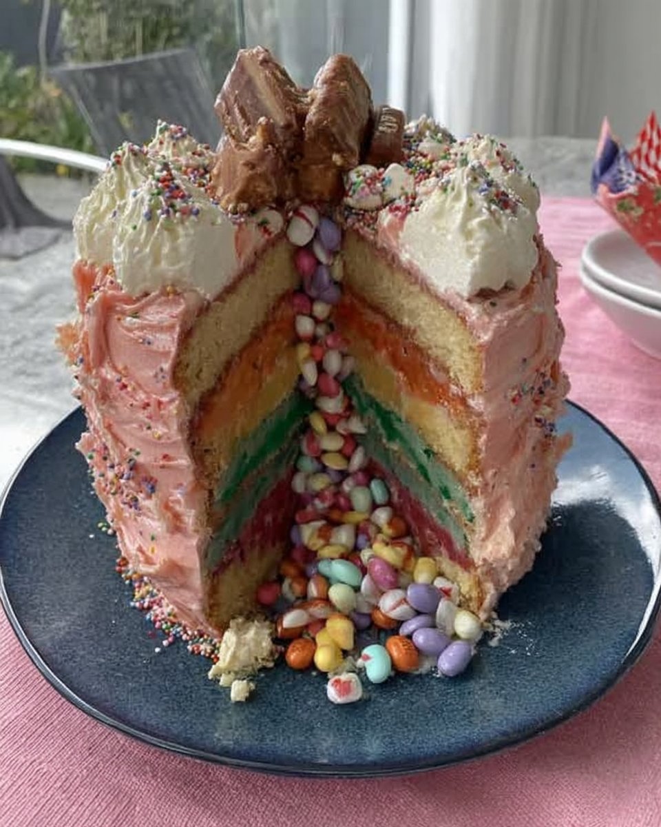 Fully frosted pinata cake ready to be served