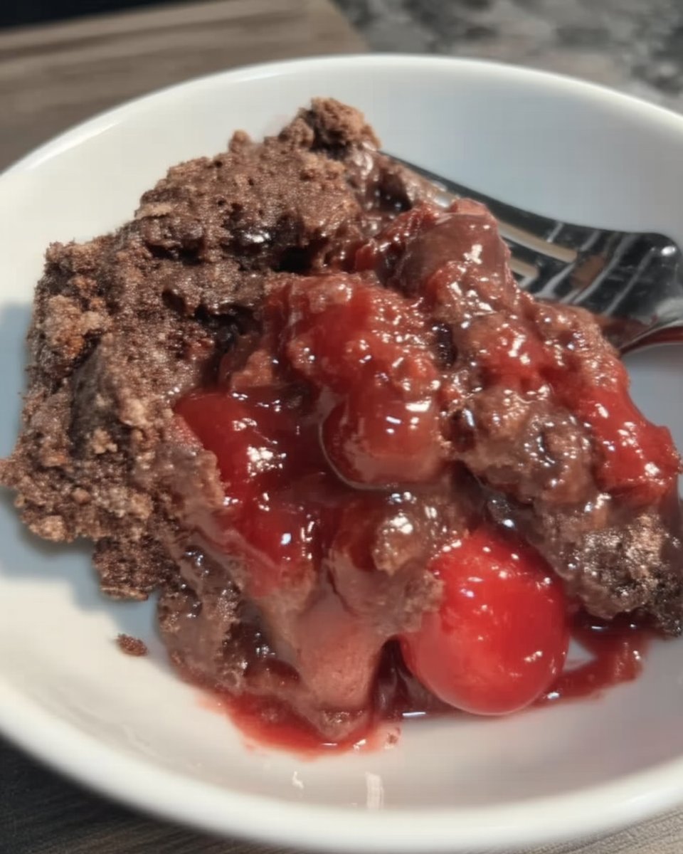 Freshly baked chocolate cherry dump cake in a baking dish with a crisp top