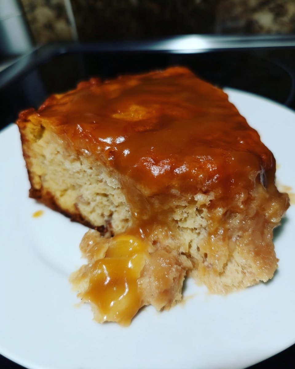 Slice of banana pudding poke cake on a white plate