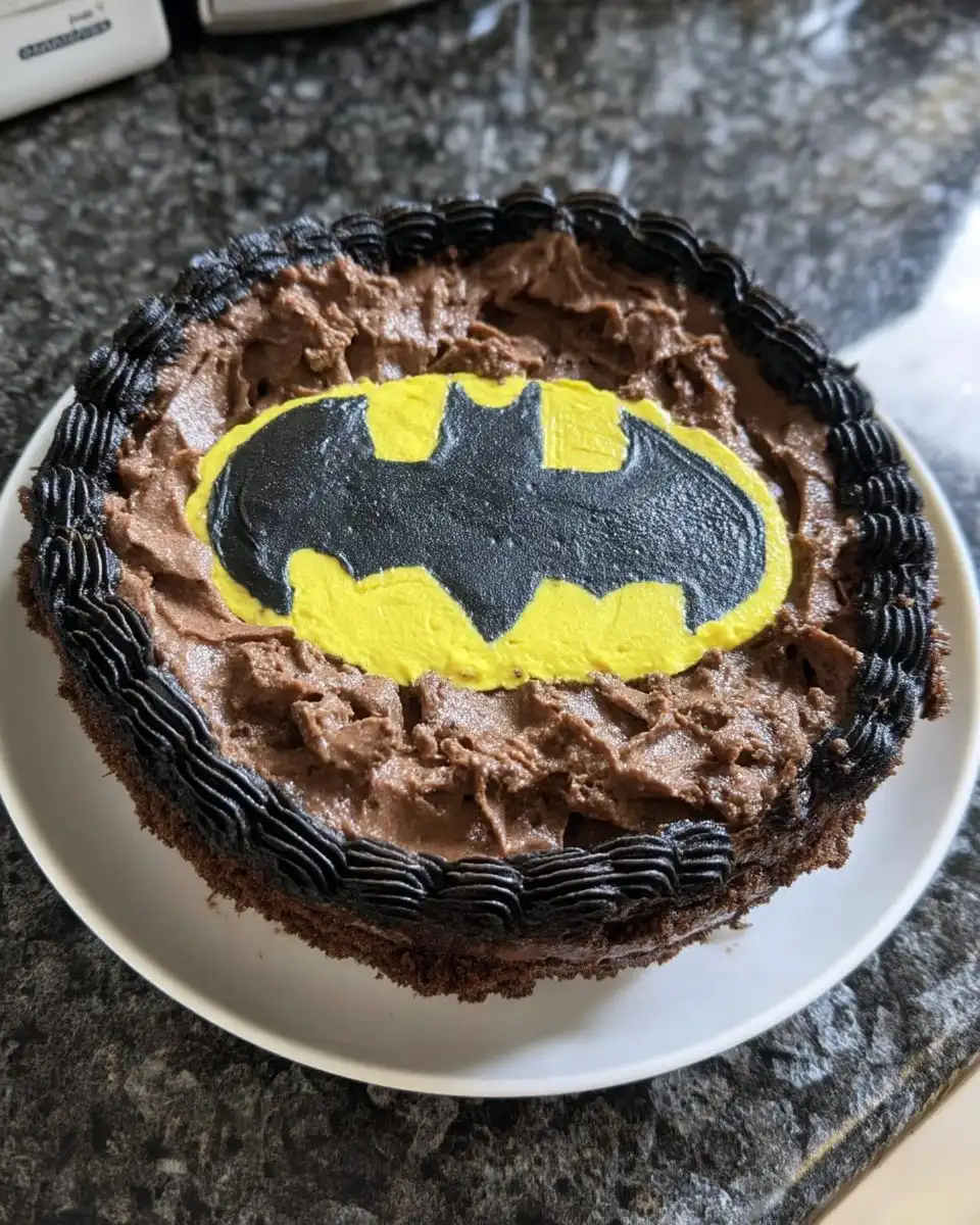 Batman surprise cake slice on a white plate with a fork