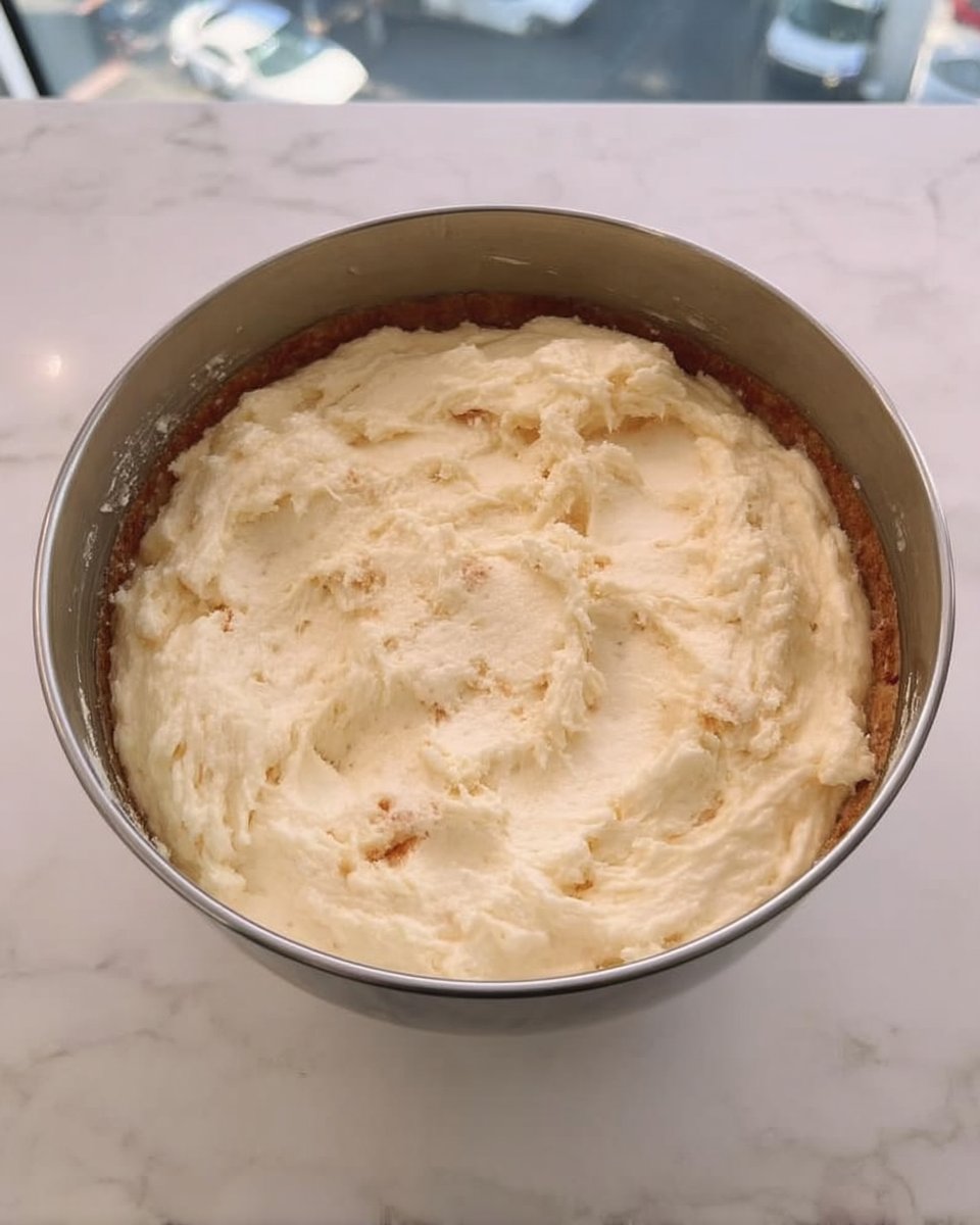 Apple slices arranged on cake batter in a round pan