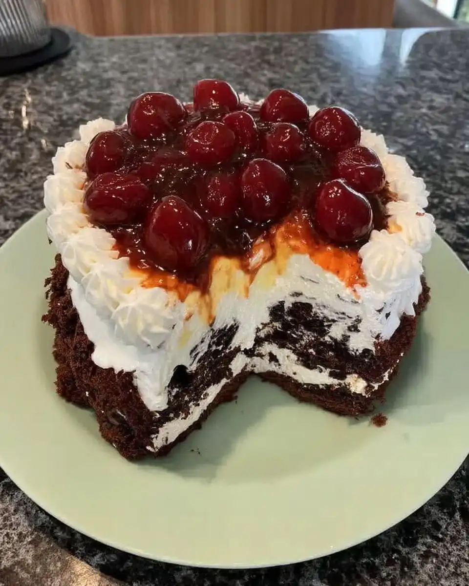 Ingredients for black forest cake including cocoa powder coffee and cherries