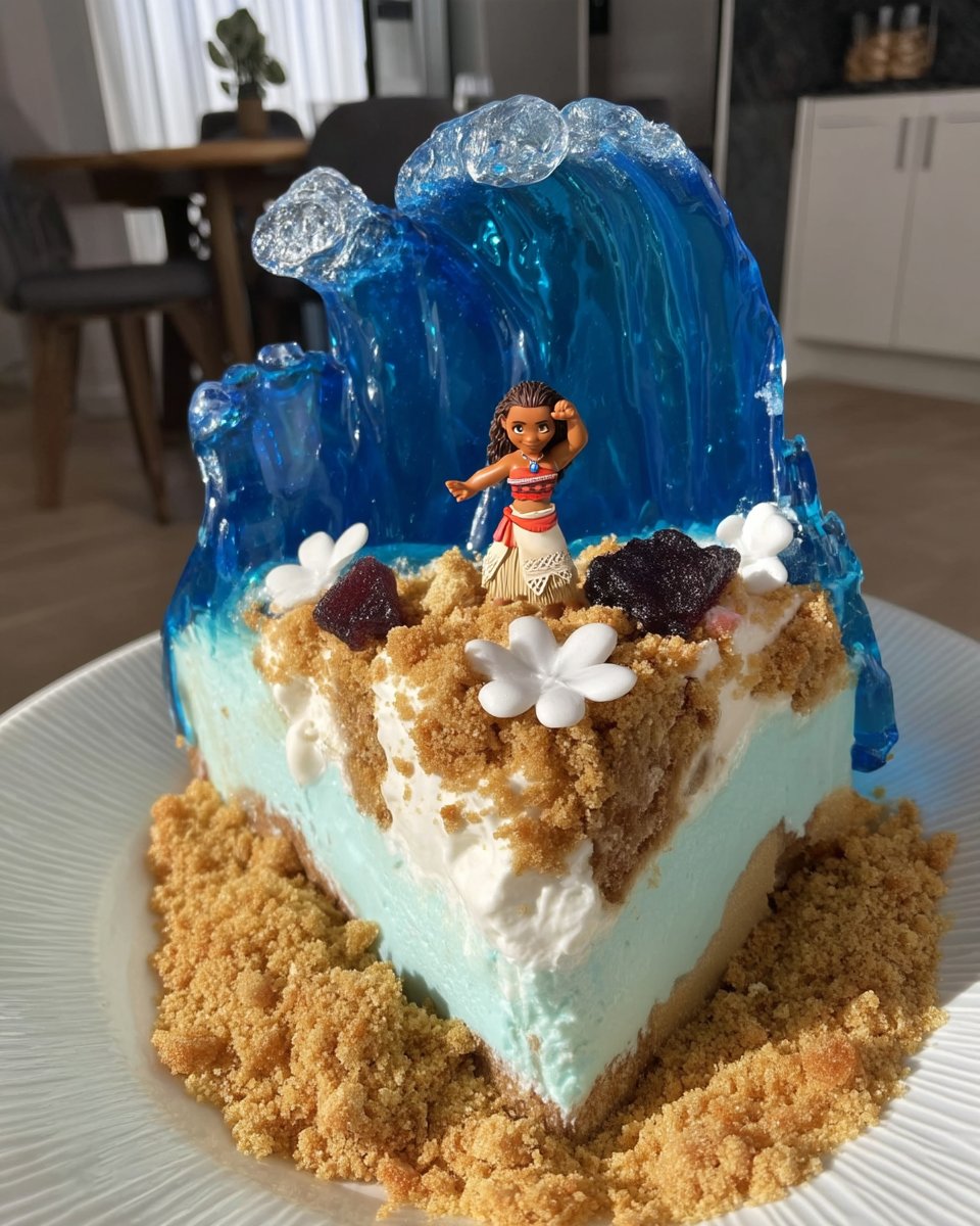 Applying blue buttercream to create ocean waves on a cake