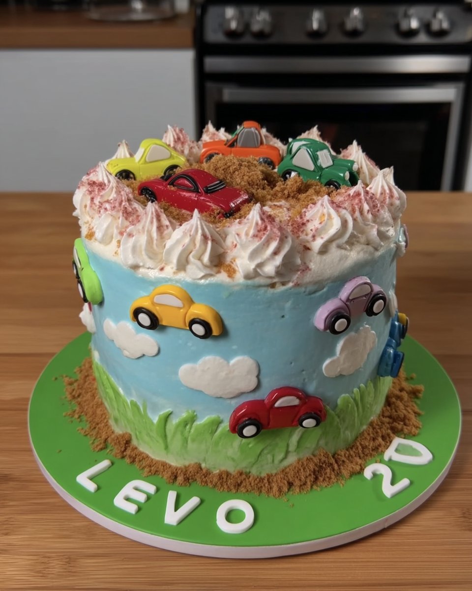 Boy birthday cake with blue frosting and fondant cars