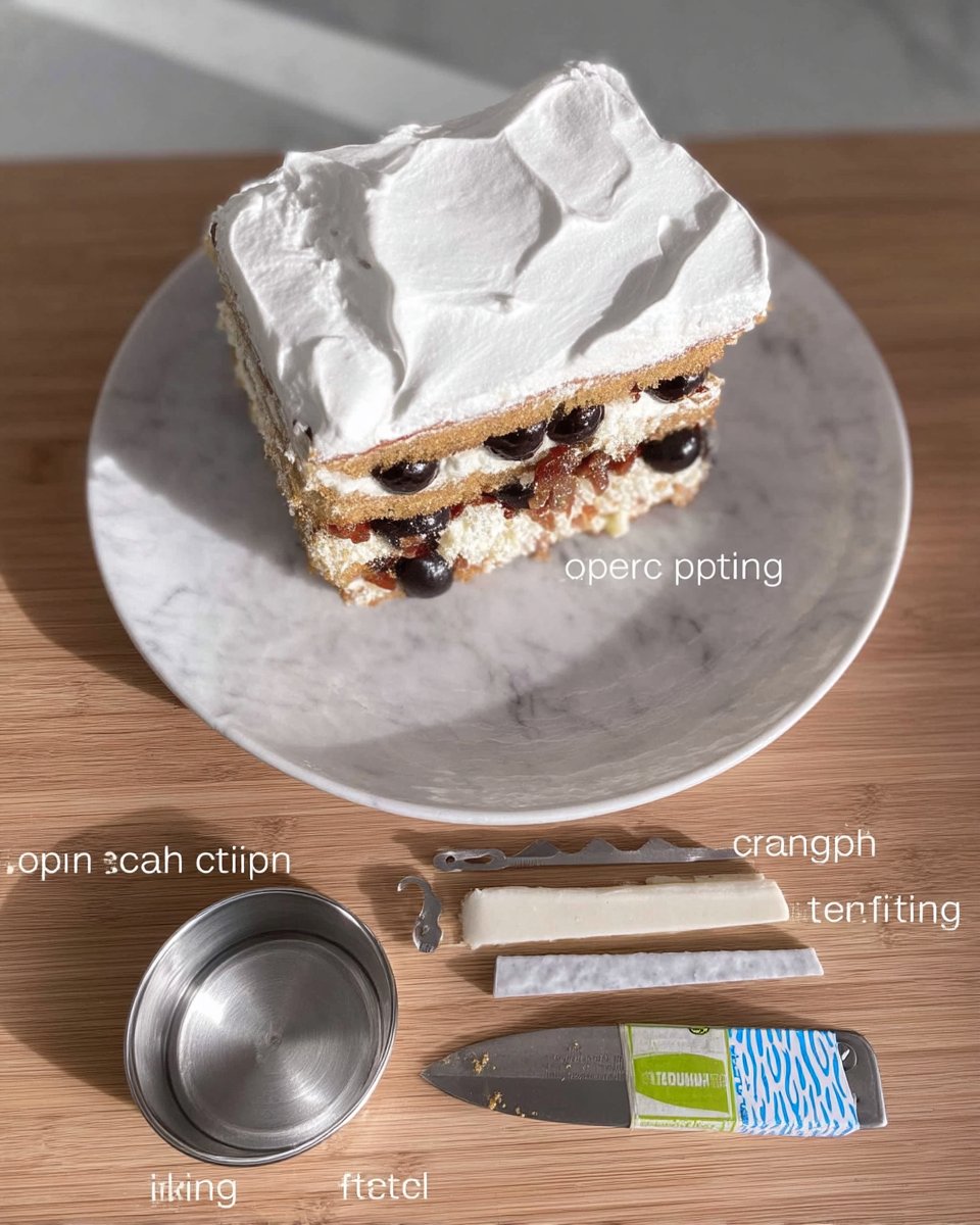 Ingredients for white cake including sour cream butter and flour on a wooden table
