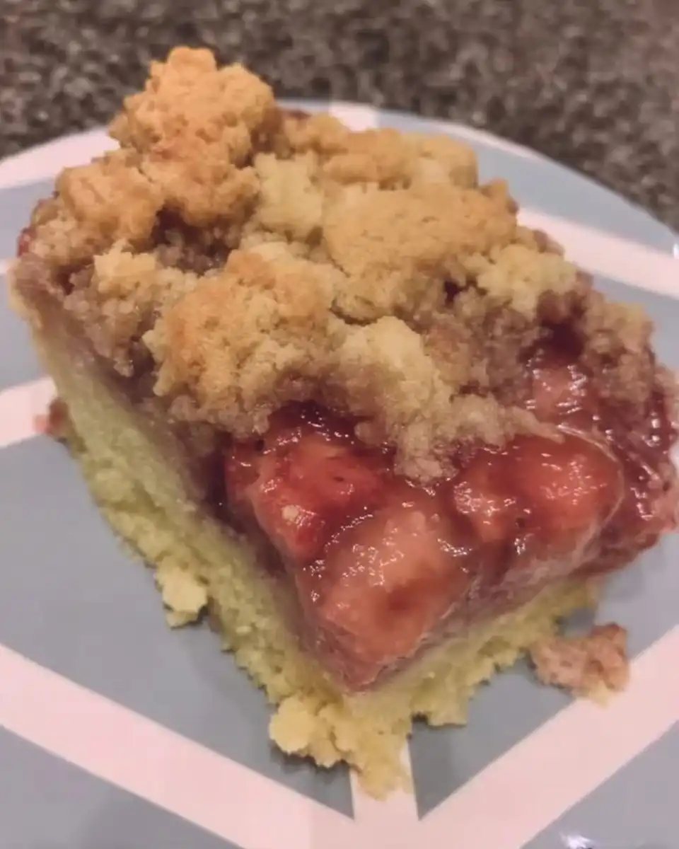 Strawberry rhubarb cake served with vanilla ice cream