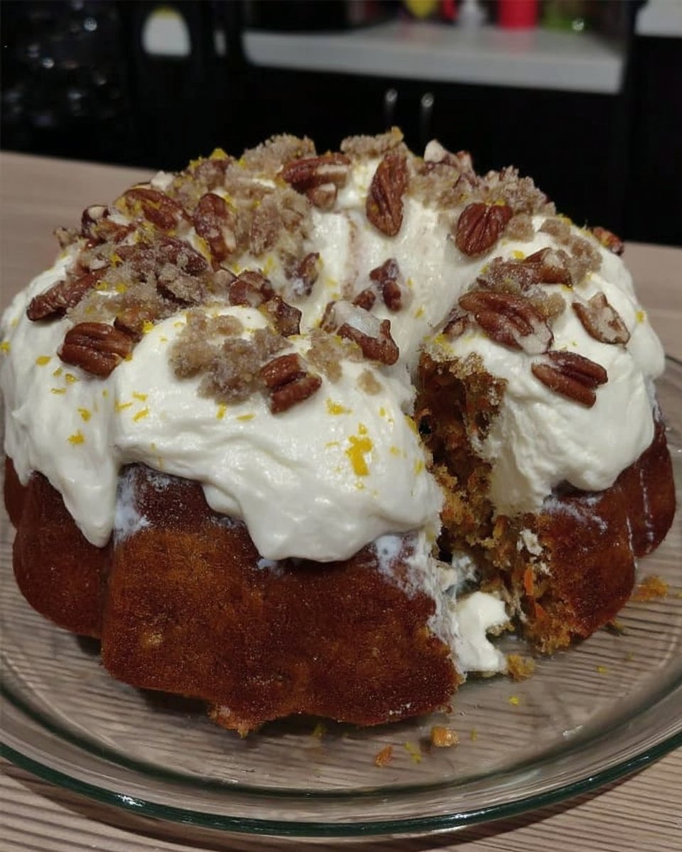 Whole carrot cake with creamy white frosting and pecan topping on a cake stand