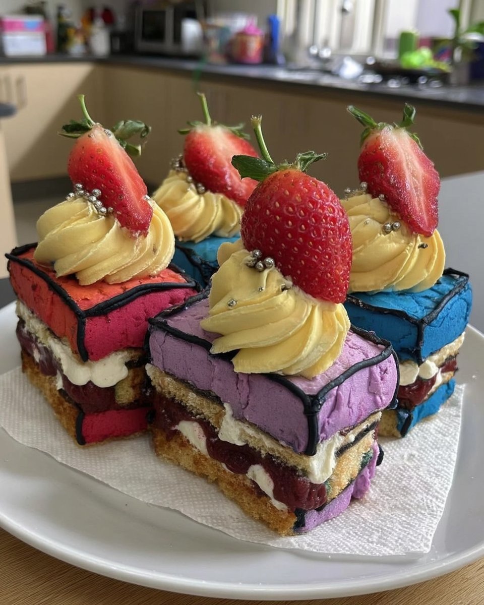 Slice of cartoon cake served on a white plate