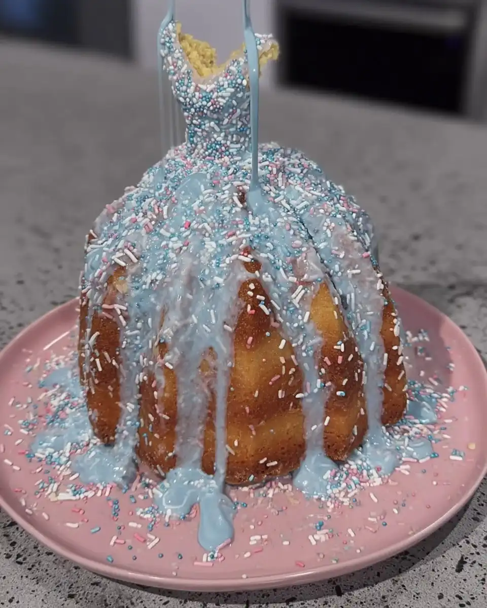 Carving cake layers into a skirt shape with a serrated knife