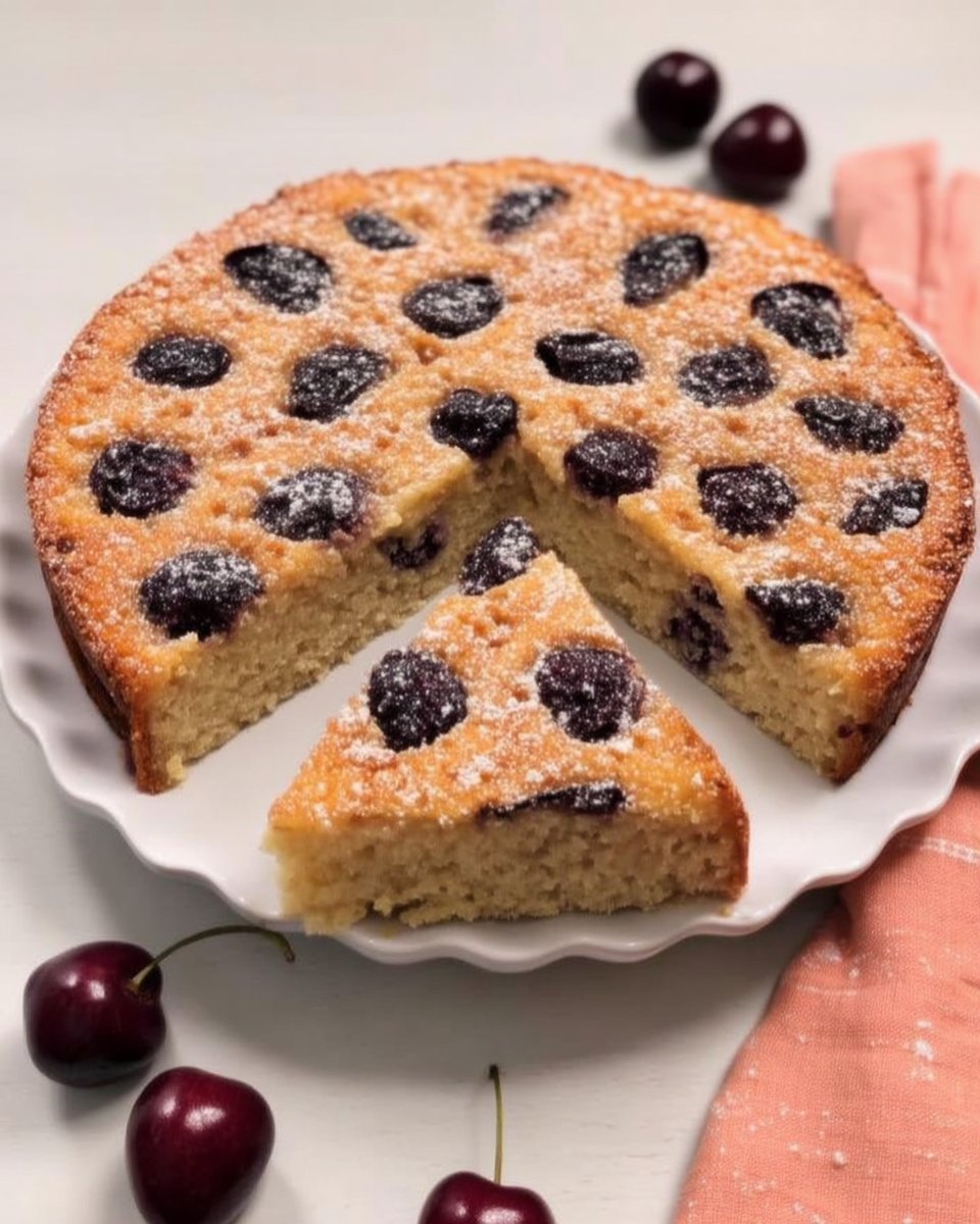 Ingredients for cherry cake including flour butter sugar and fresh cherries