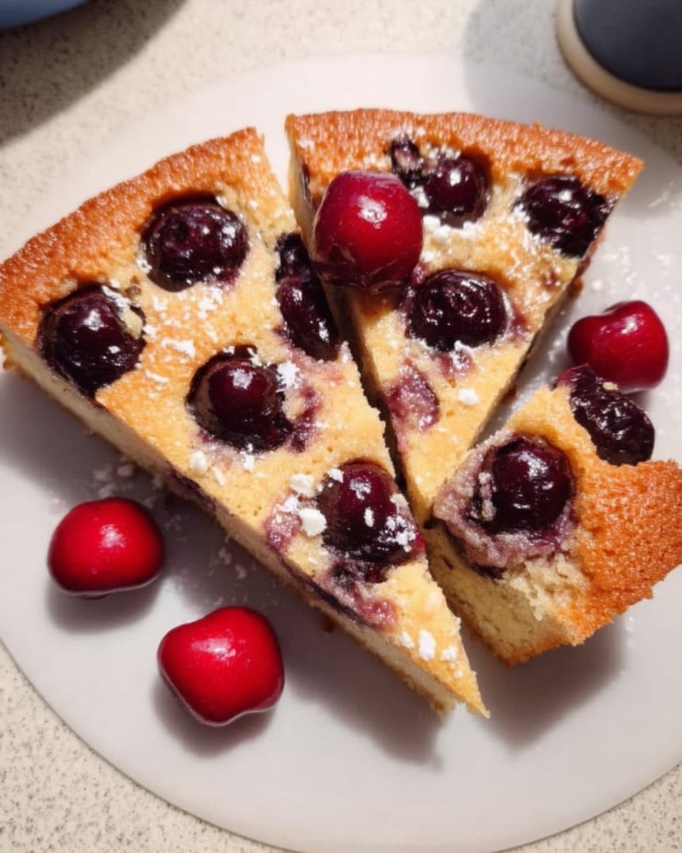 Whole cherry cake on a stand next to a cup of coffee