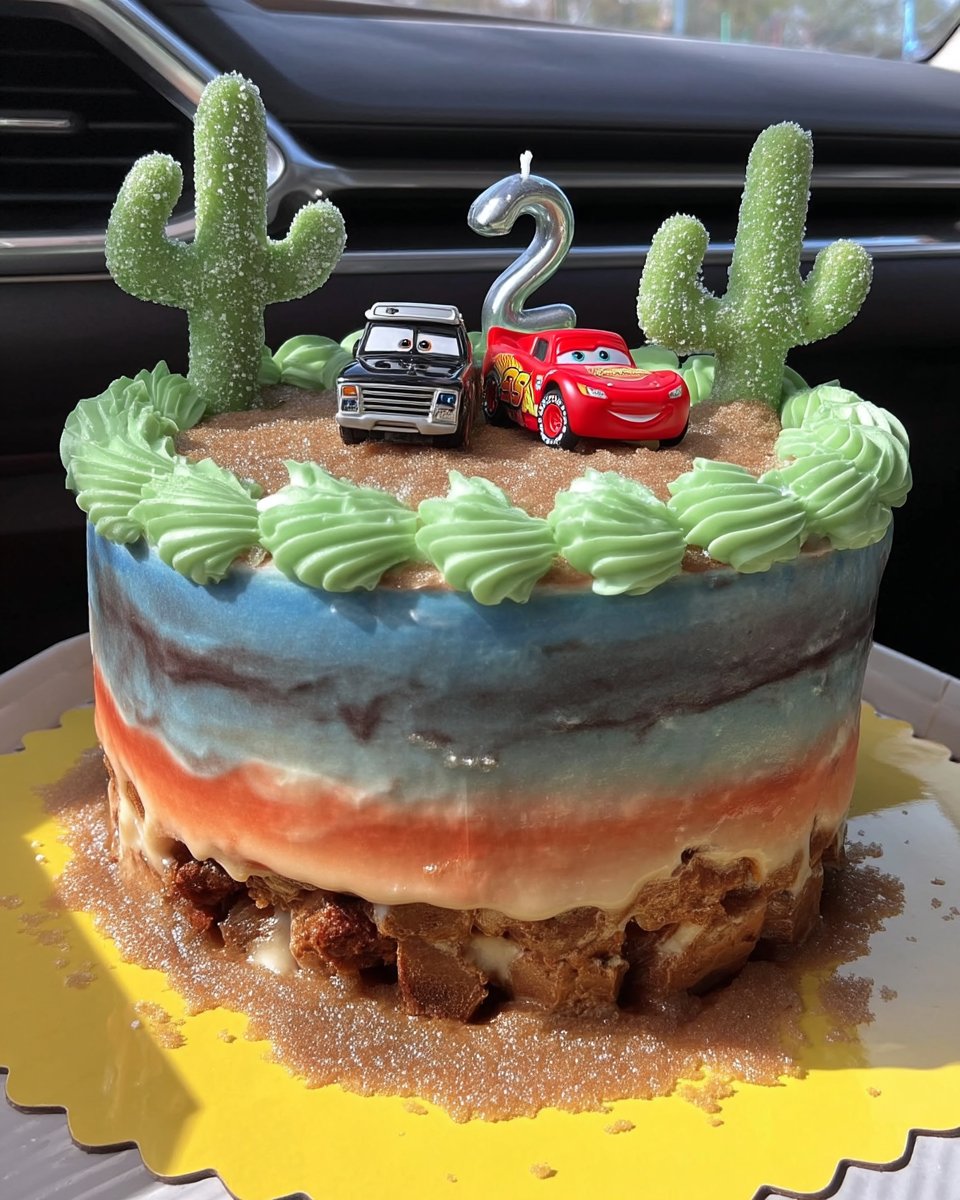 Car theme cake carved from chocolate sheet cake with yellow fondant