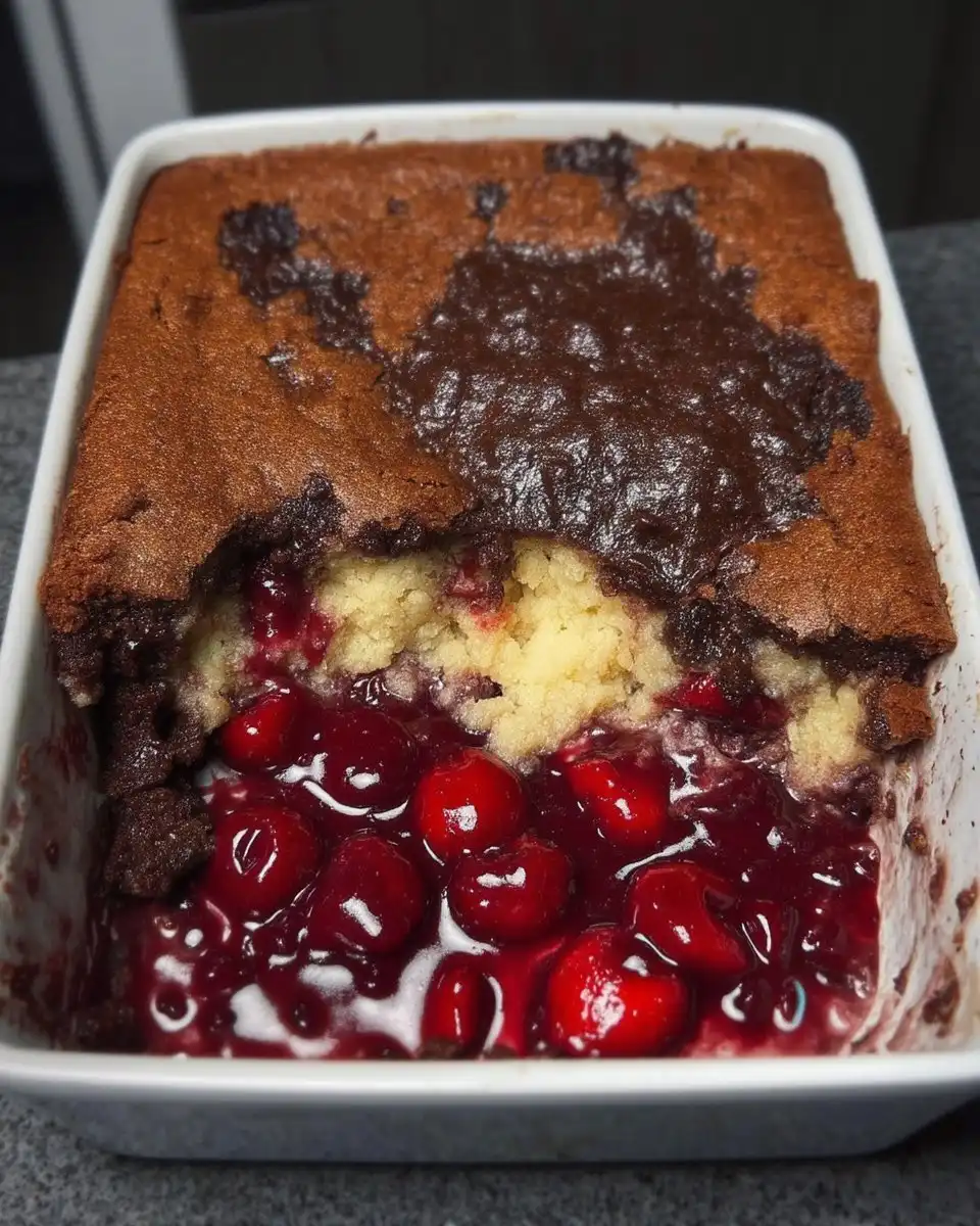 Warm chocolate cherry dump cake served in a bowl with coffee