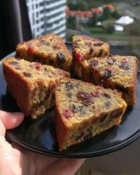 Slice of chocolate fruit cake with dark frosting and dried cherries