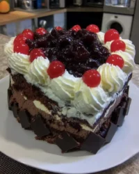 Slice of black forest cake with cherry filling on a white plate