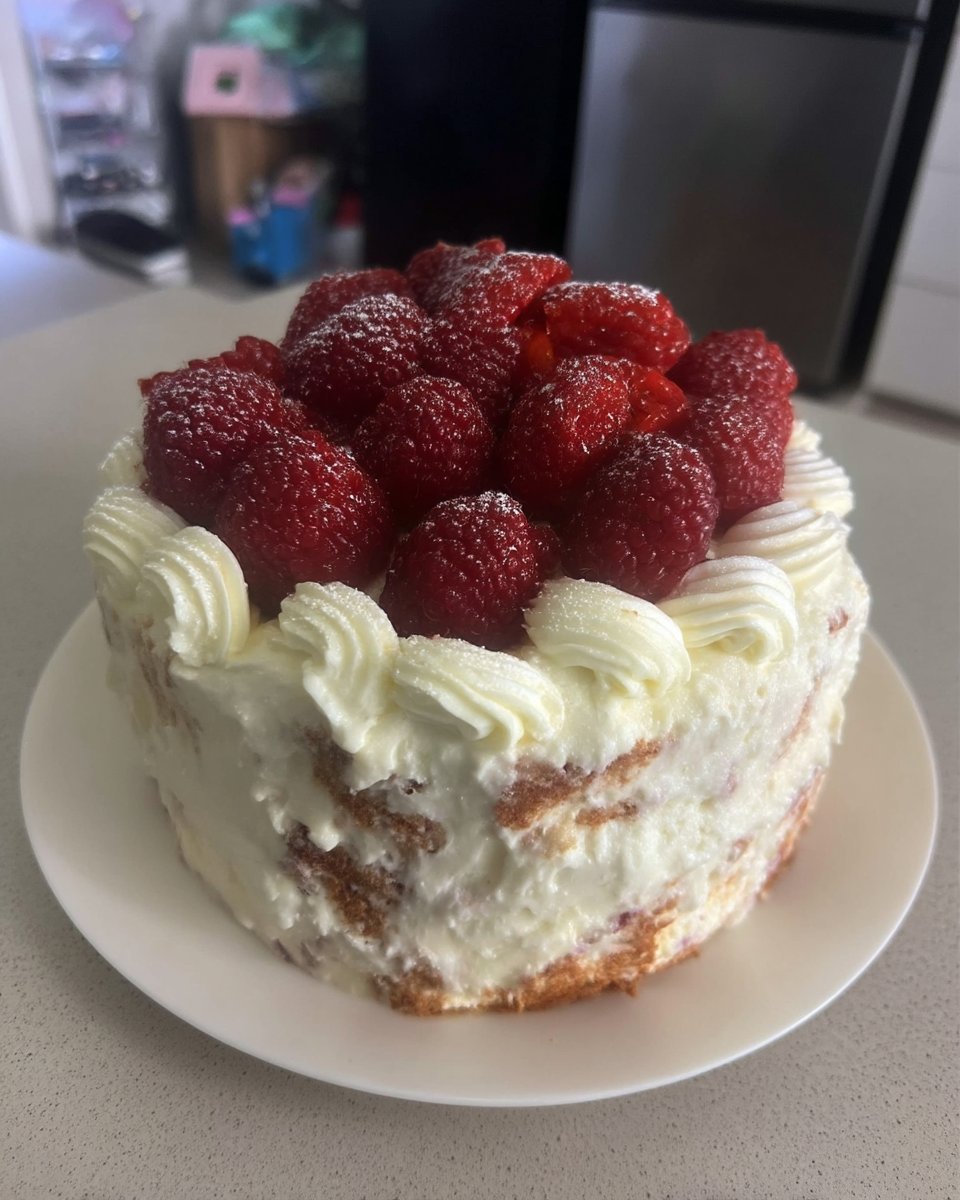 A beautifully decorated white cake with simple buttercream swirls