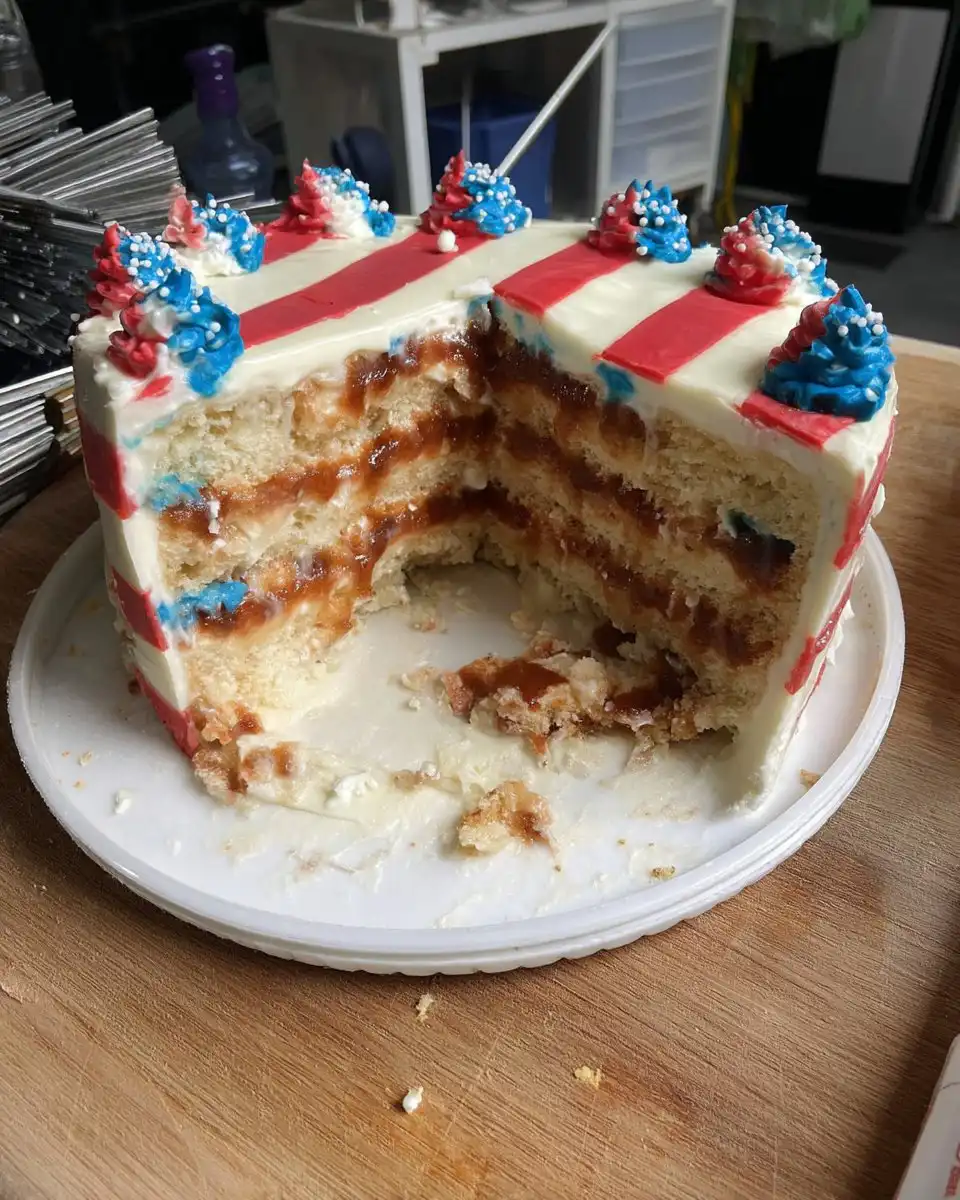 Process of decorating flag cake with sugar coated raspberries