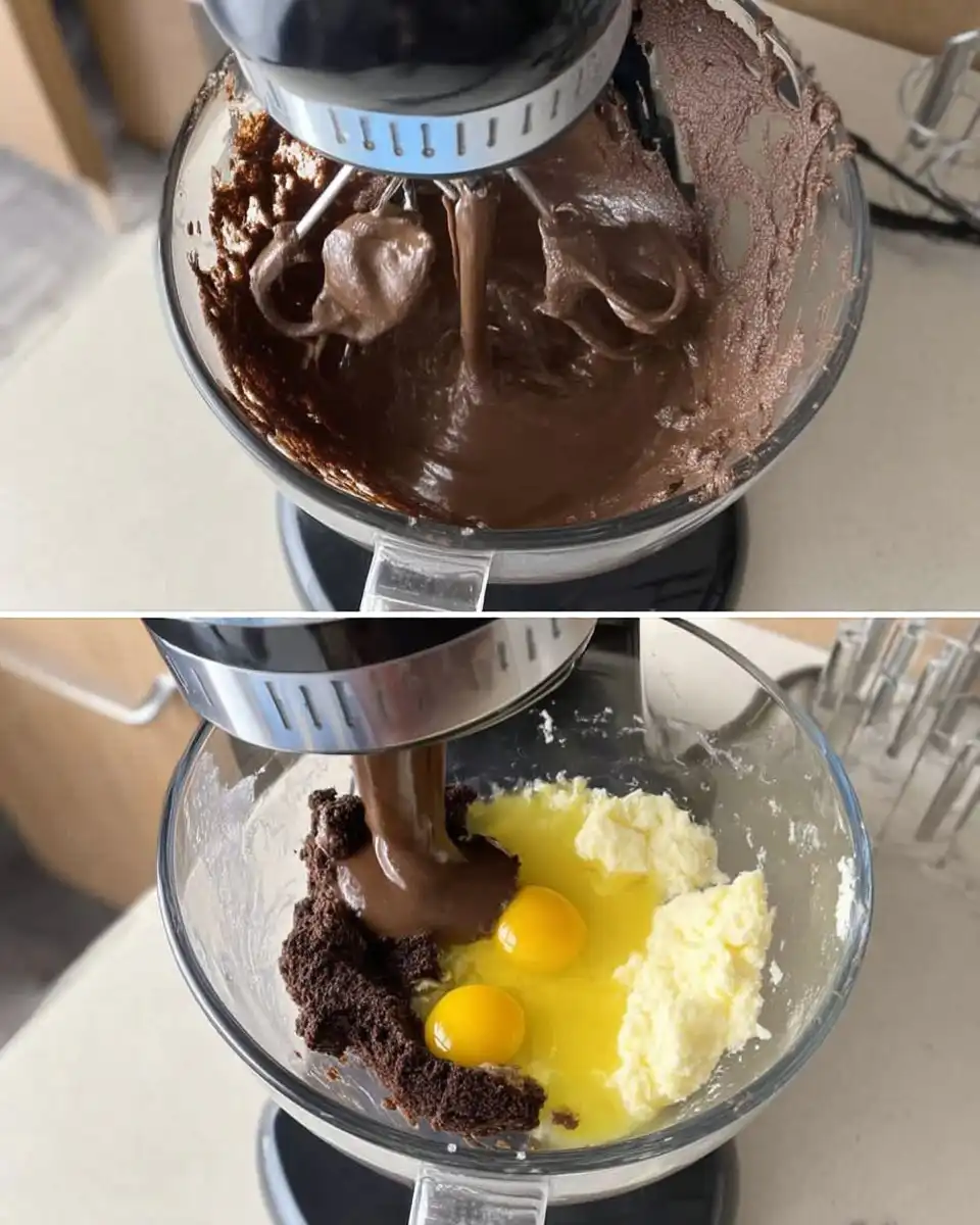 Pouring hot coffee into the chocolate cake batter
