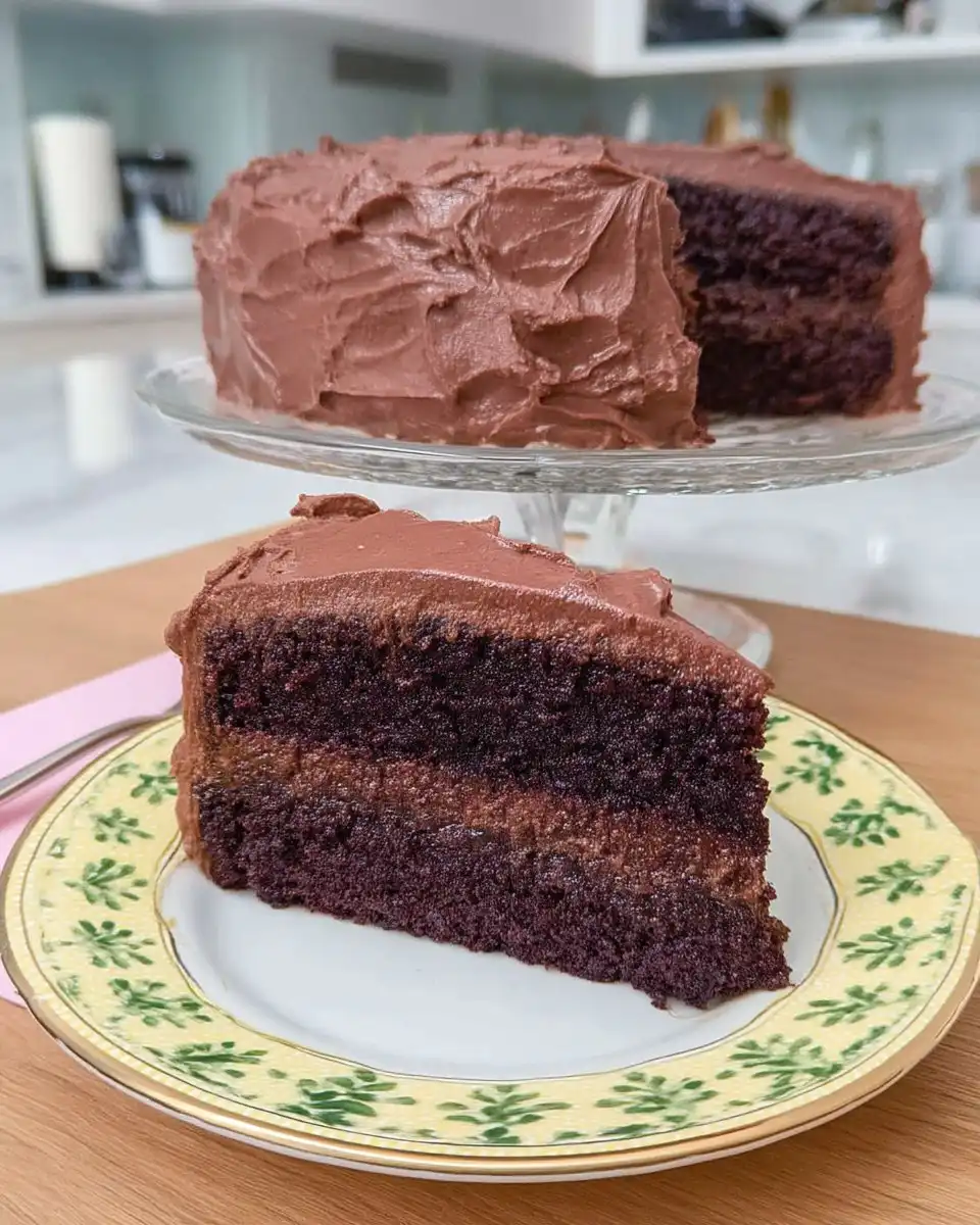 Slice of moist Devil's Food cake on a white plate with a fork