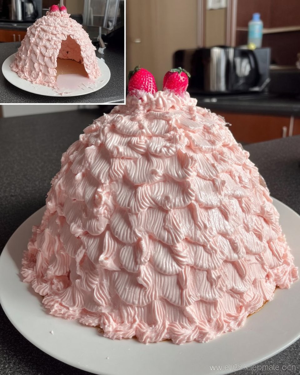Pink doll cake with piped strawberry whipped cream icing