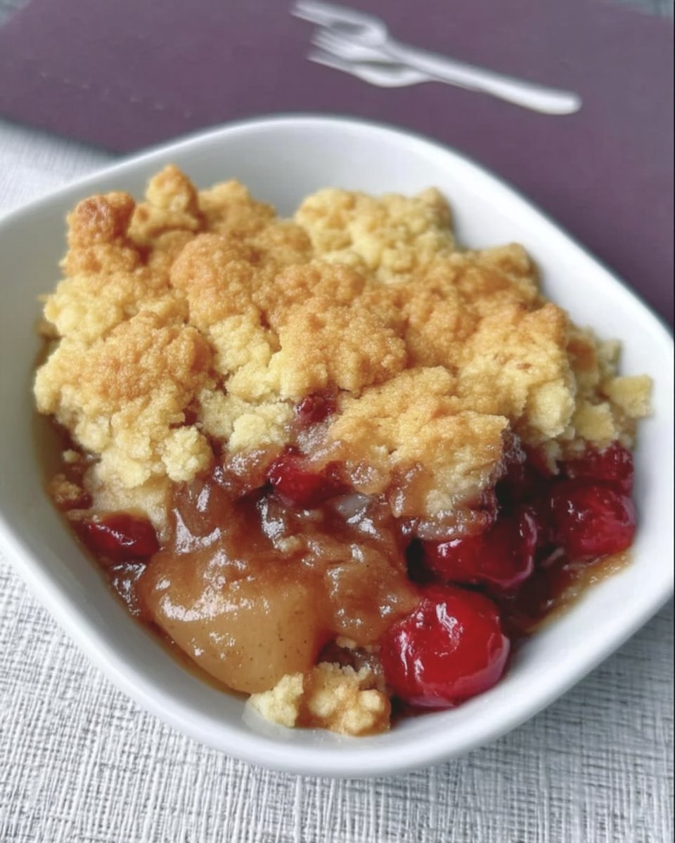 Warm dump cake served with vanilla ice cream