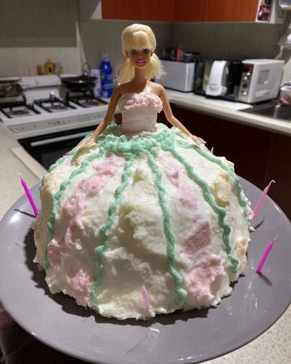 A beautiful pink barbie cake with a doll in the center and rosette frosting