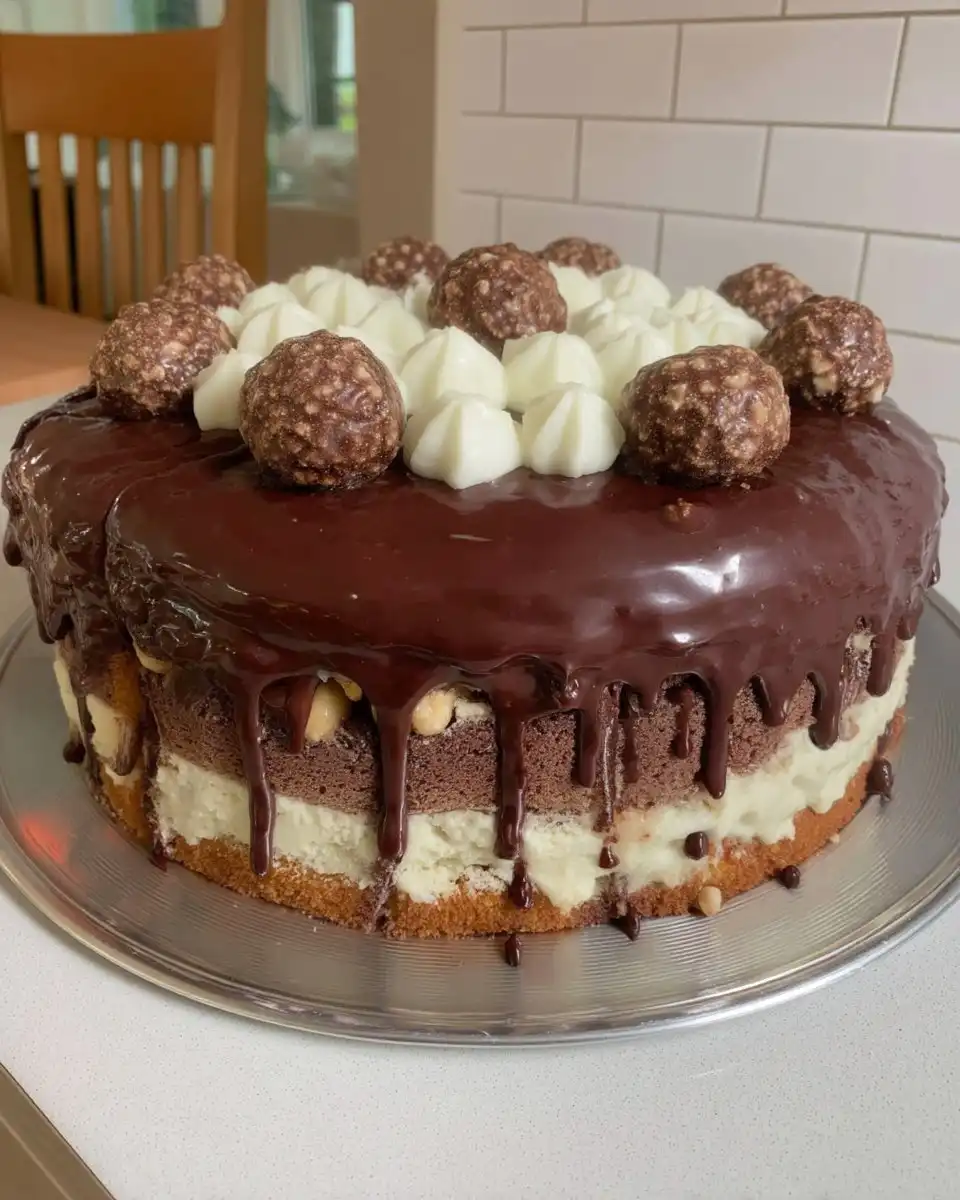 Slice of Ferrero Rocher cake with hazelnut buttercream and ganache drip