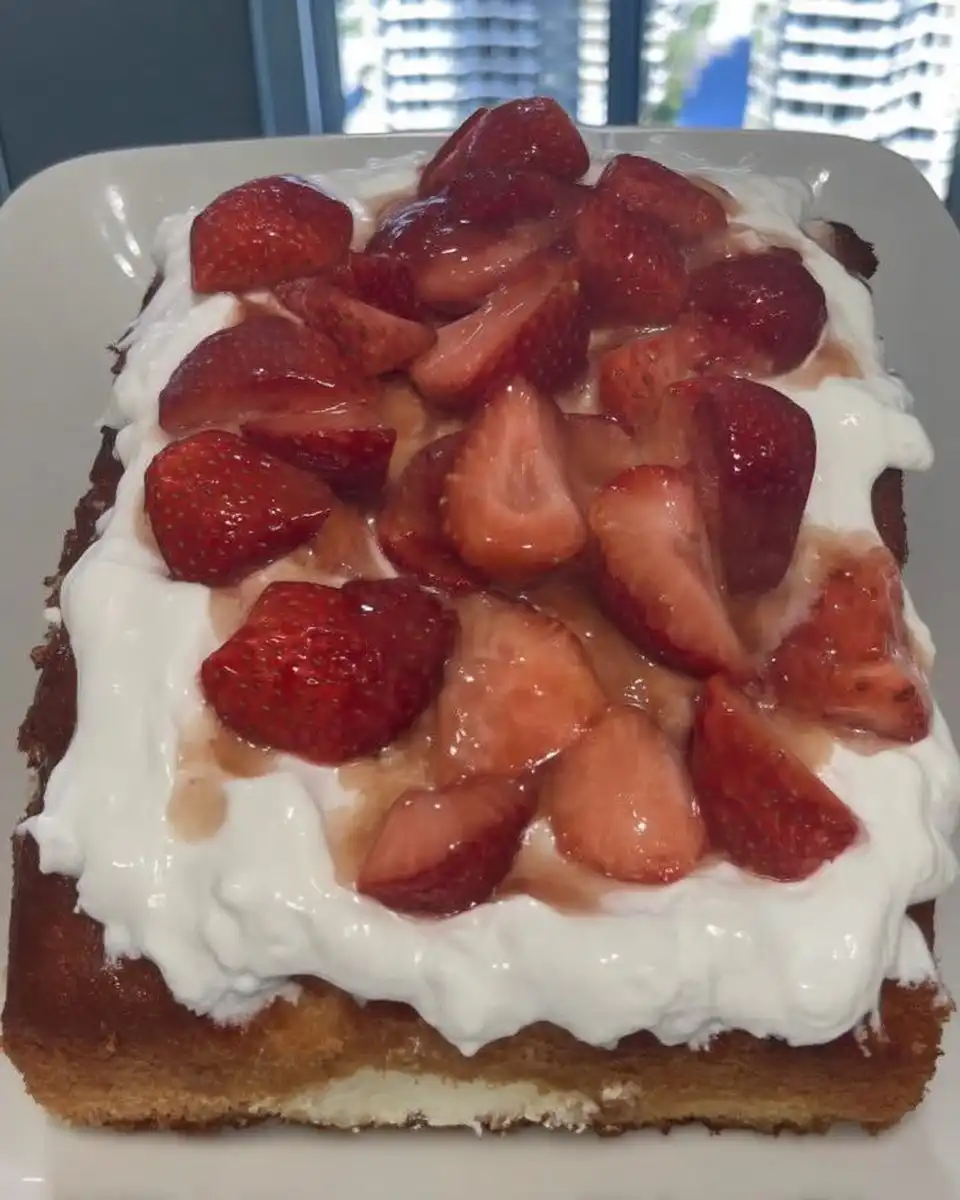 Whole strawberry poke cake topped with whipped cream and sliced strawberries