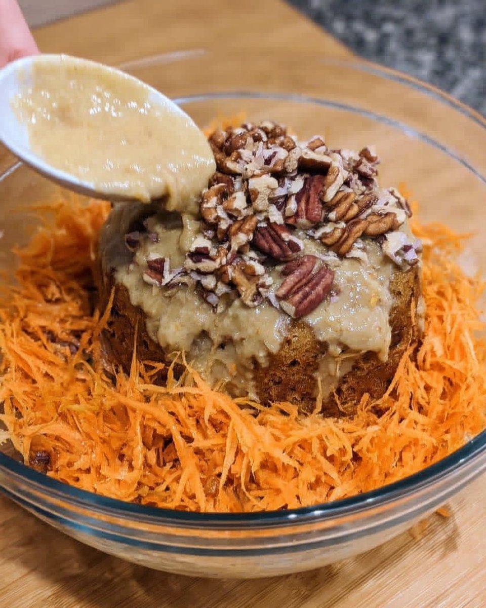 Bowl of freshly grated bright orange carrots and a bowl of chopped pecans
