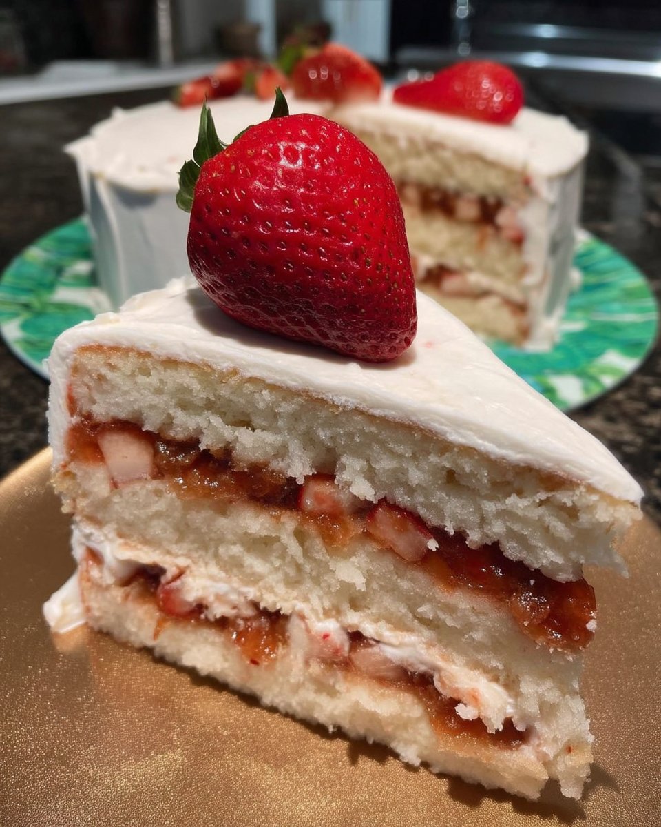 Slice of strawberry vanilla cake with pink frosting