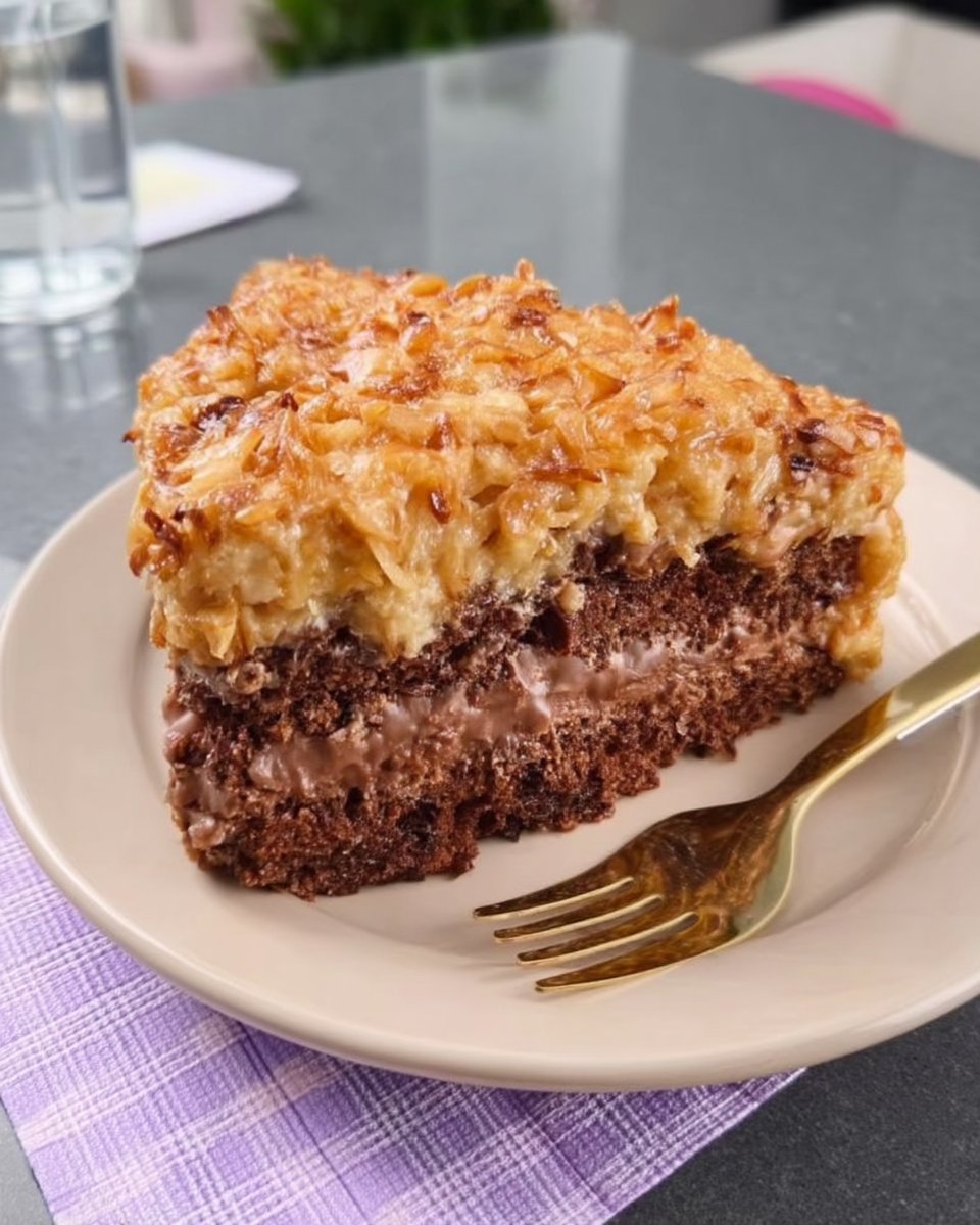 Whole German chocolate cake on a stand with exposed sides