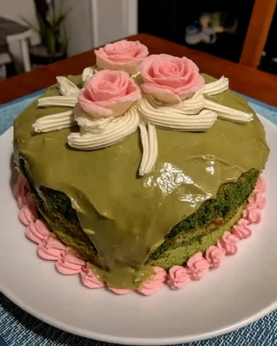 Whole green tea cake frosted with cream cheese icing
