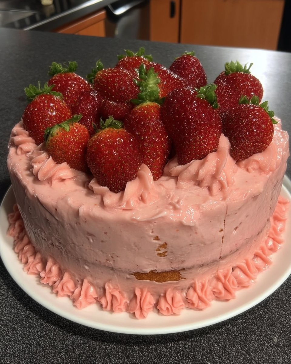 Whole pink cake frosted with rustic strawberry cream cheese frosting