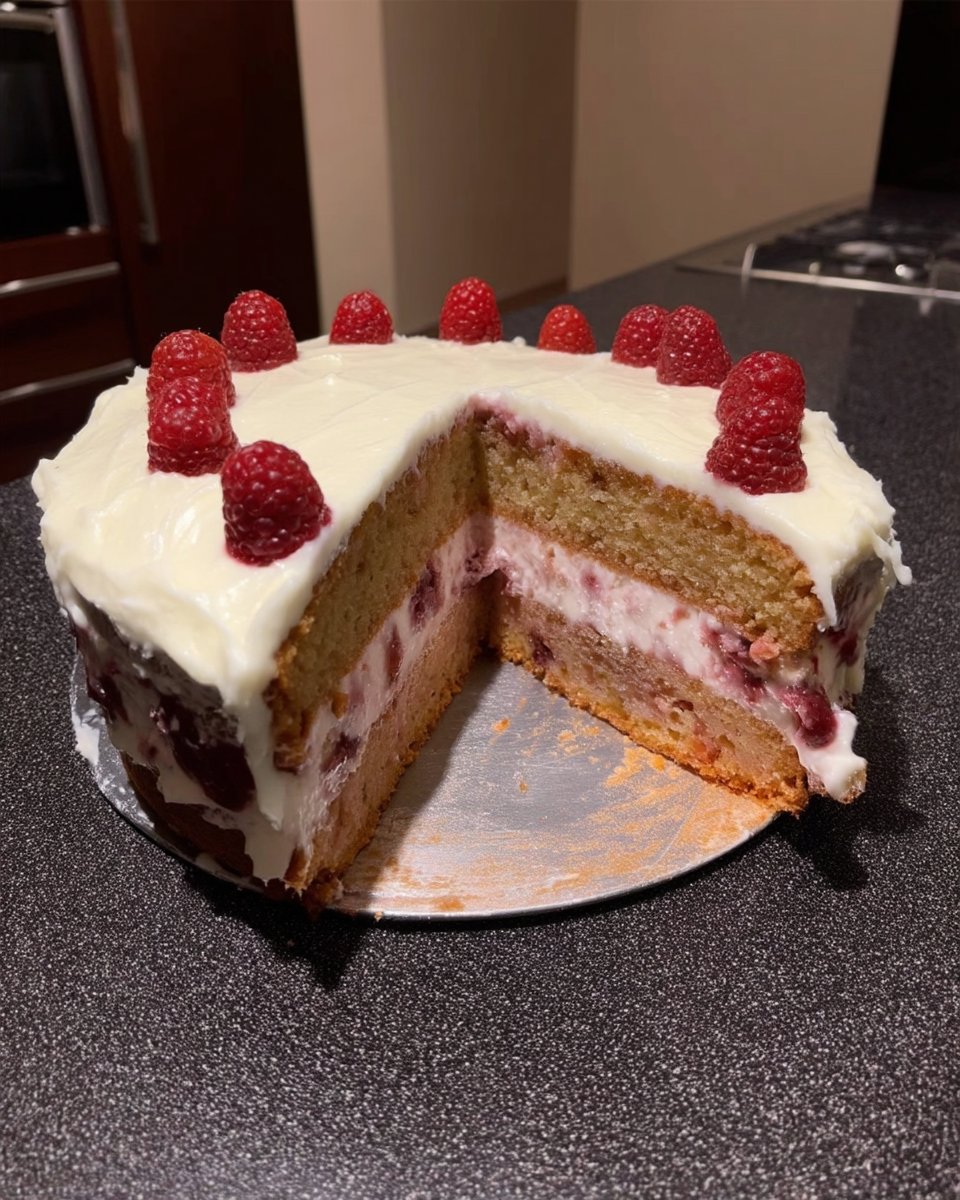Whole frosted raspberry white chocolate cake on a stand