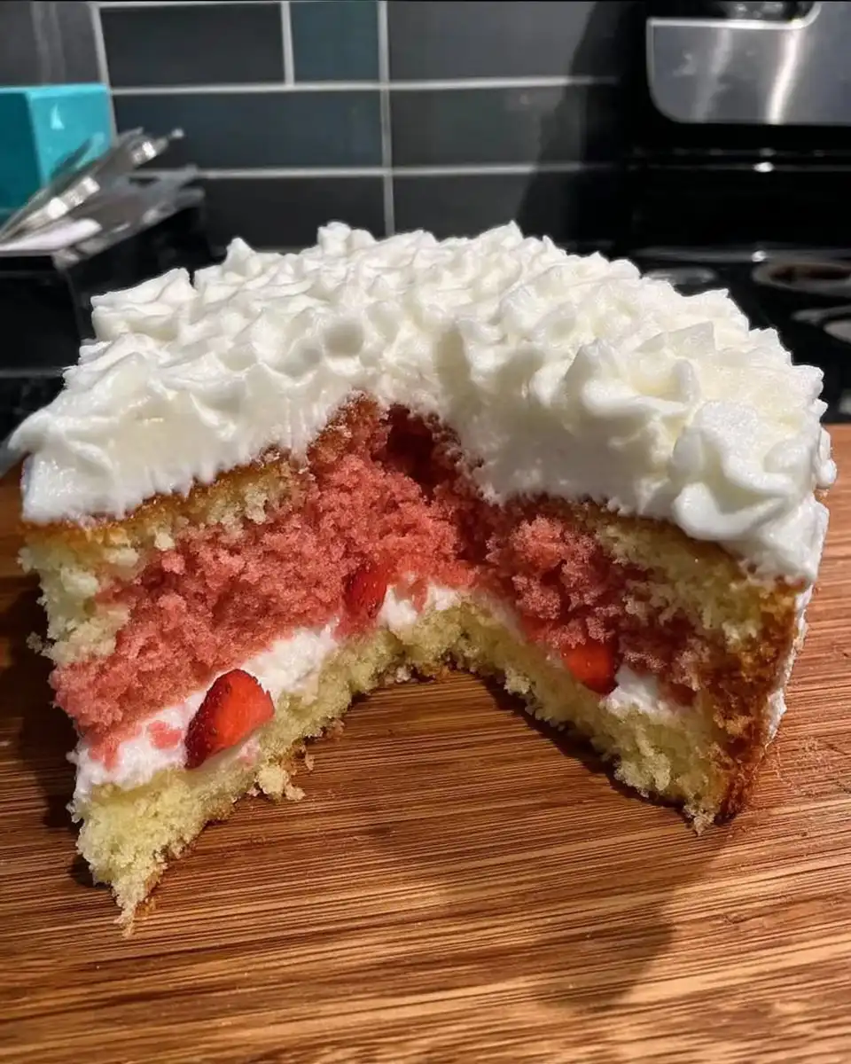 Whole strawberry cake frosted with cream cheese icing