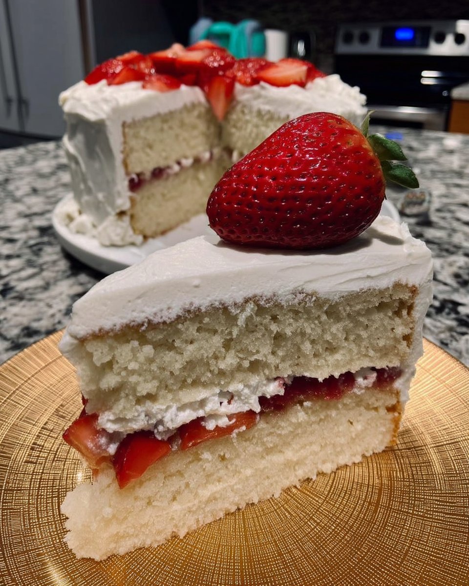 Whole frosted strawberry vanilla cake on a cake stand