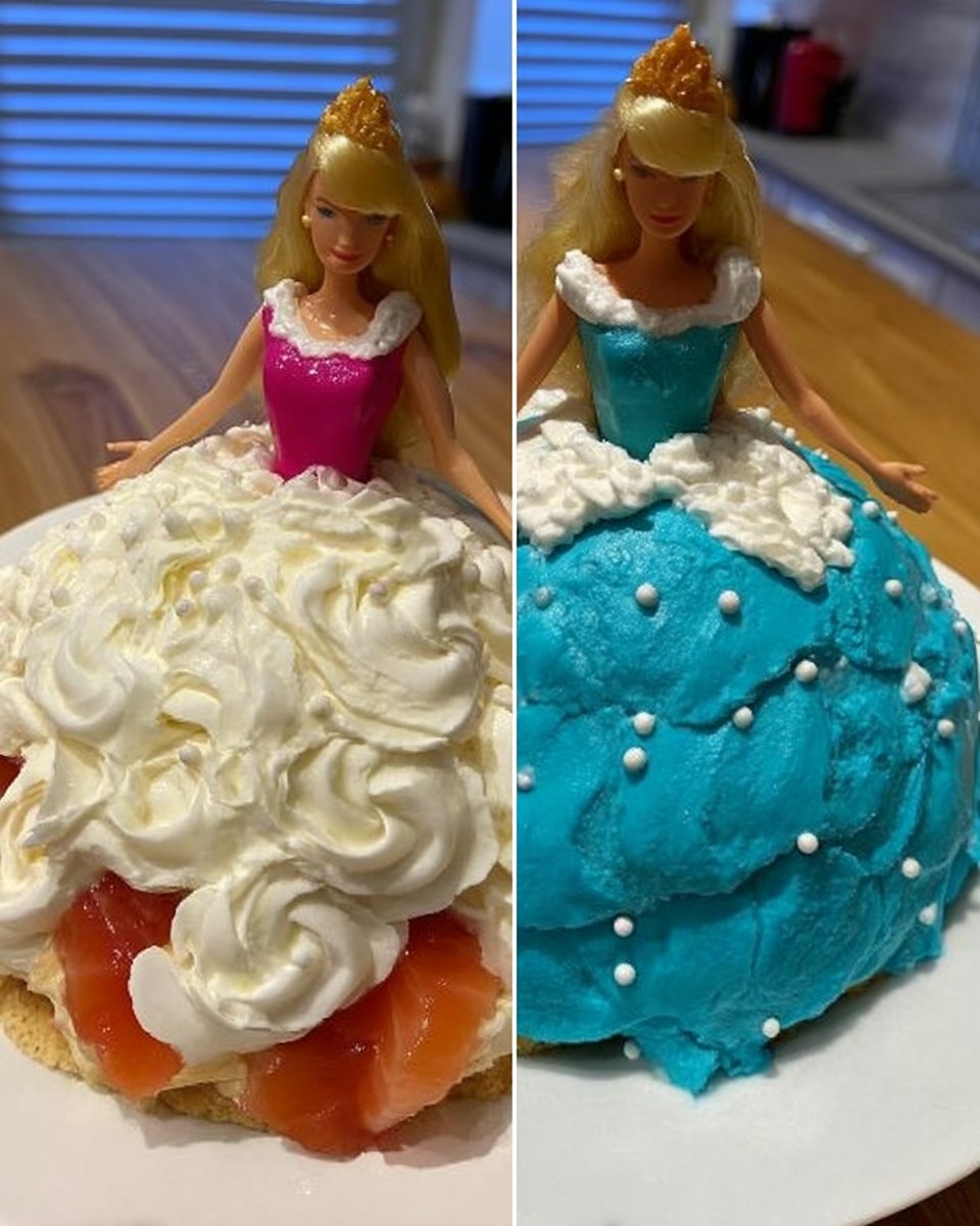 Piping pink frosting onto the dome cake skirt