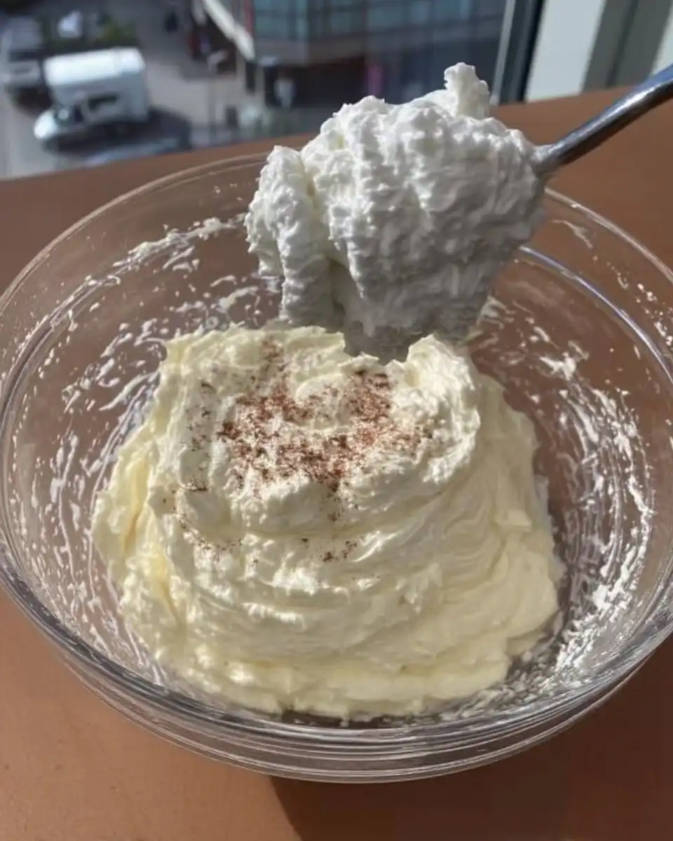 Mixing yogurt and peanut butter frosting in a bowl