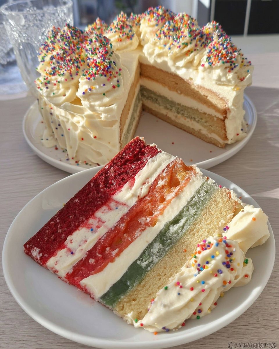 Stacking rainbow cake layers with buttercream and lemon curd