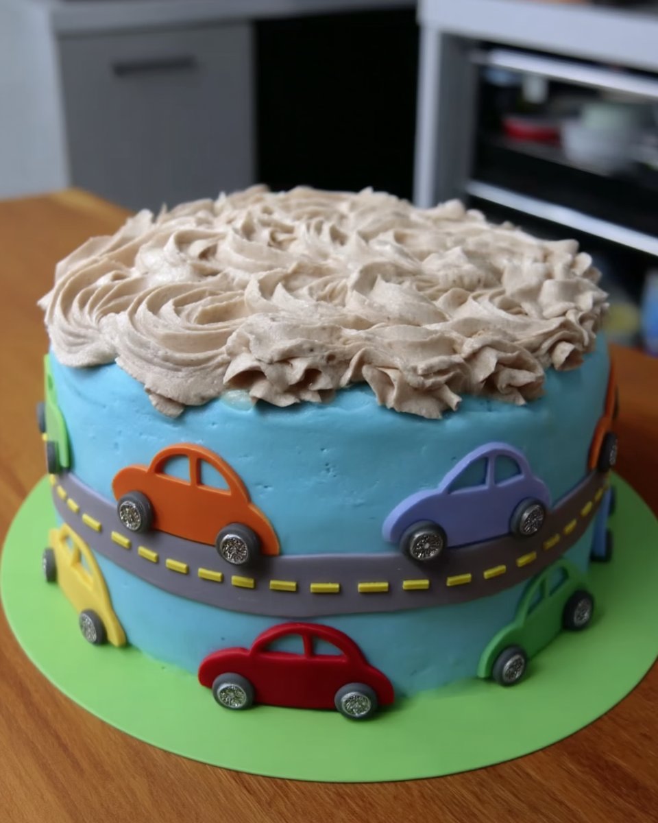 Smoothing blue buttercream on a cake