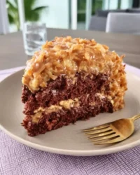 Slice of German chocolate cake with coconut pecan frosting on a white plate