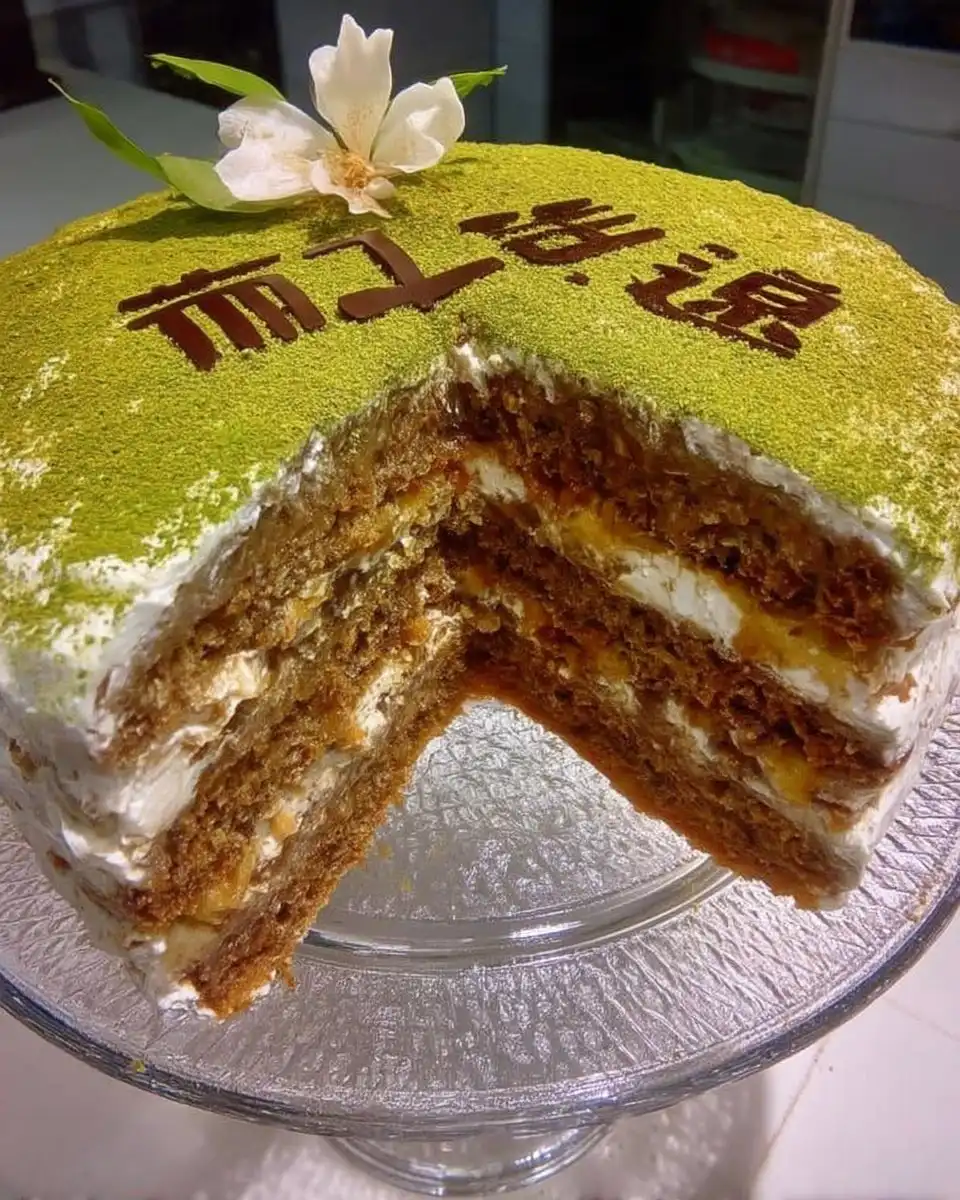 Green cake served with a cup of tea