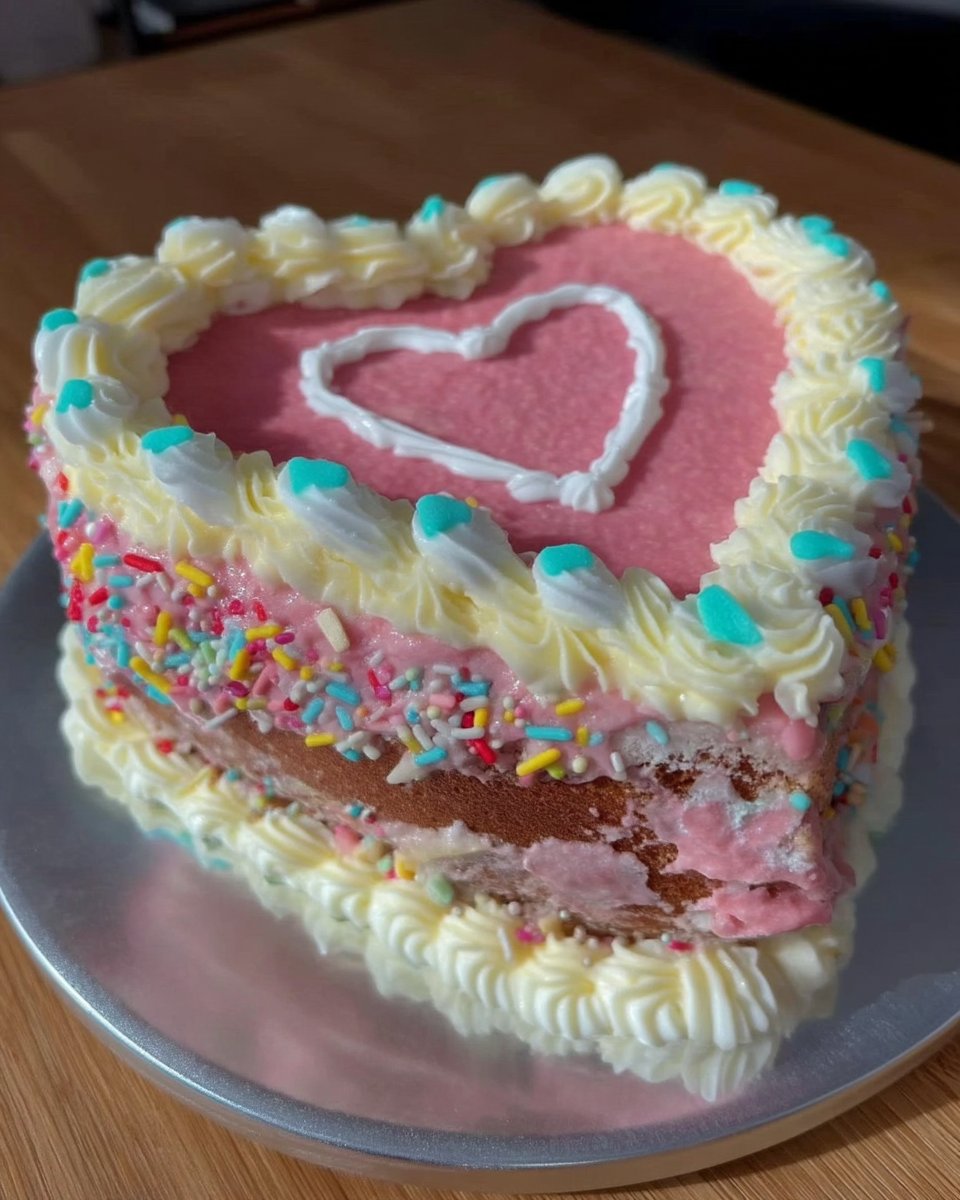 Heart shaped cake made from square and round pans with pink marbled frosting