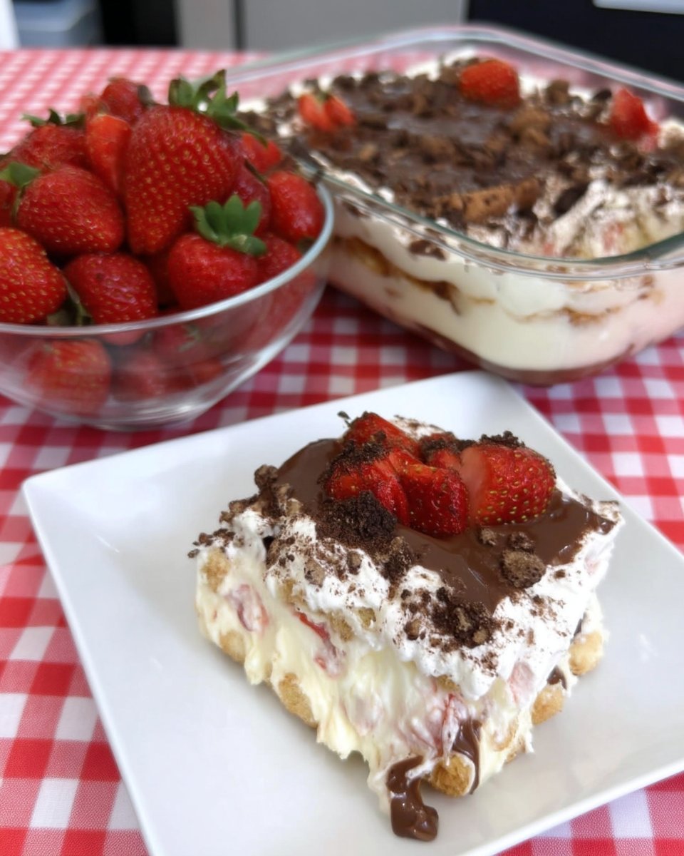 Ingredients for strawberry icebox cake including pudding mix and strawberries