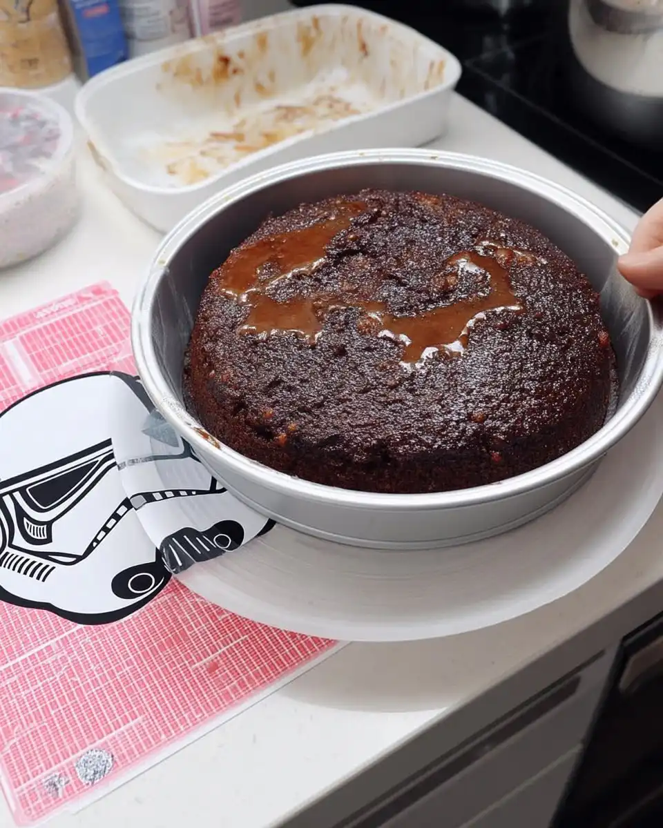 Ingredients for Star Wars cake including cake base frosting and black and white fondant