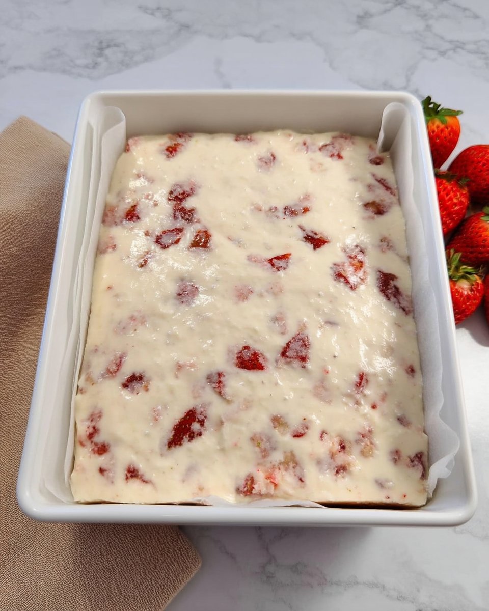 Strawberry Poke Cake 12 White cake mix strawberry gelatin and fresh strawberries on a counter