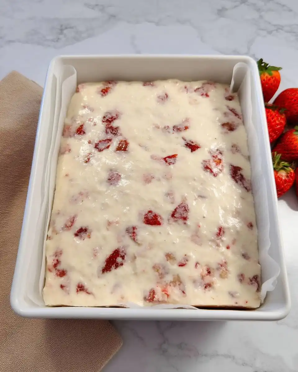 White cake mix strawberry gelatin and fresh strawberries on a counter