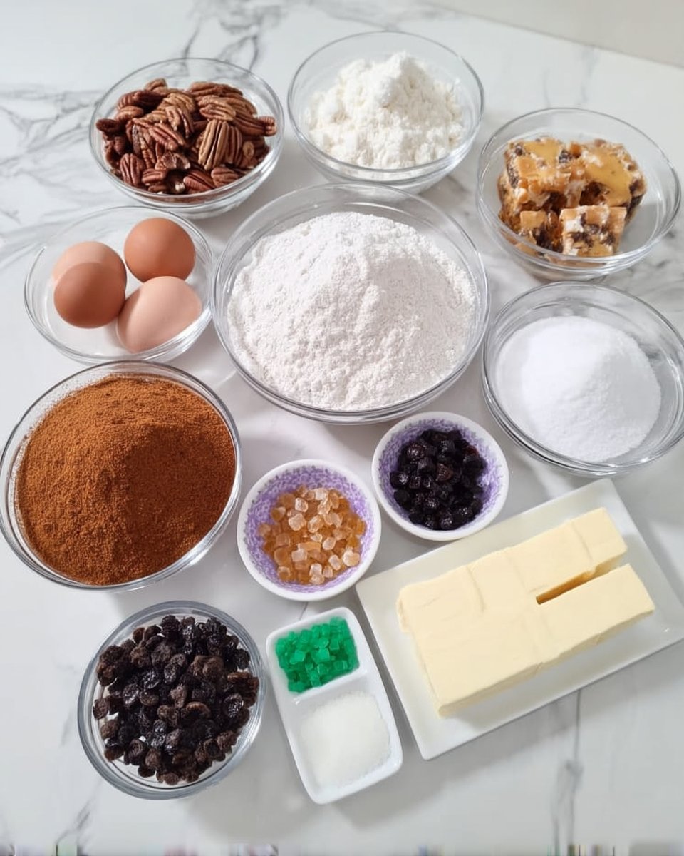 Ingredients for king cake including pecans yeast and fresh nutmeg