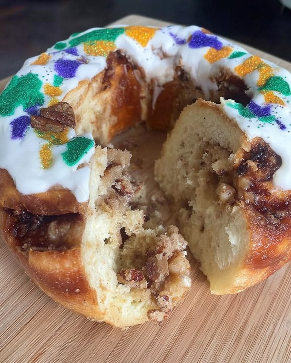 Slice of king cake served on a plate next to a cup of coffee